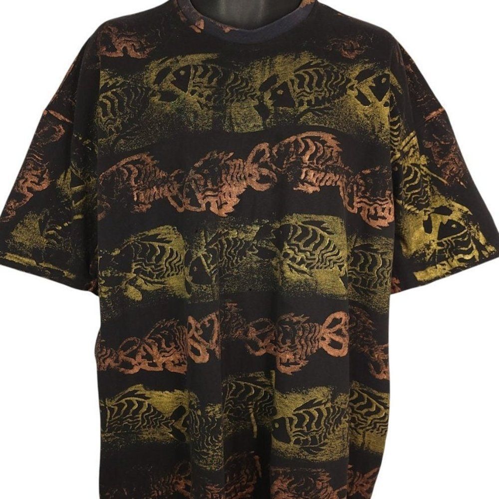 All Over Print Fish T Shirt Vintage 90s Tropical Travel Ocean Life Mens Size 3XL